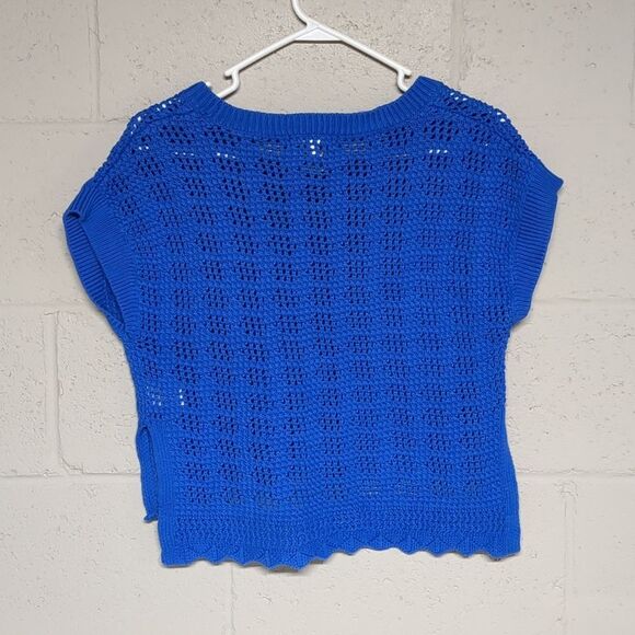 Cobalt Blue Hollow Knit Short Sleeve Cropped Sweater Size Small - Picture 4 of 5